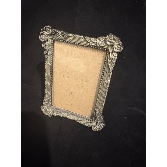 Other - Vtg Tiny Ornate Metal Photo Frame Floral Design Easel Back plastic  glass